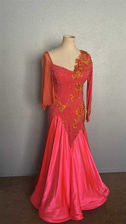 De'Lux Dancewear Dresses & Skirts - Custom De'Lux Coral Pink and Orange Lace Ballroom Dance Dress S/M